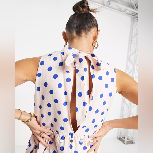 Y.A.S high neck tiered midi dress in pink & blue dot - Picture 4 of 12